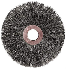 Weiler - 2" OD, 1/2" Arbor Hole, Crimped Steel Wheel Brush - 3/8" Face Width, 1/2" Trim Length, 0.0104" Filament Diam, 20,000 RPM - USA Tool & Supply