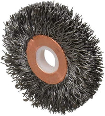 Weiler - 2" OD, 1/2" Arbor Hole, Crimped Steel Wheel Brush - 3/8" Face Width, 1/2" Trim Length, 0.014" Filament Diam, 20,000 RPM - USA Tool & Supply