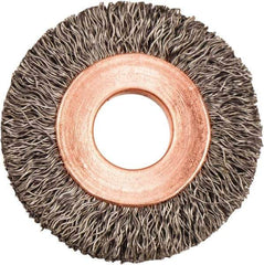 Weiler - 1-1/4" OD, 3/8" Arbor Hole, Crimped Steel Wheel Brush - 1/4" Face Width, 5/16" Trim Length, 0.008" Filament Diam, 20,000 RPM - USA Tool & Supply