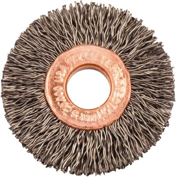 Weiler - 1-1/2" OD, 3/8" Arbor Hole, Crimped Steel Wheel Brush - 1/4" Face Width, 7/16" Trim Length, 0.014" Filament Diam, 20,000 RPM - USA Tool & Supply