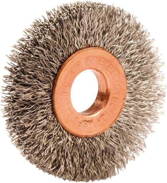 Weiler - 1-1/2" OD, 3/8" Arbor Hole, Crimped Stainless Steel Wheel Brush - 1/4" Face Width, 7/16" Trim Length, 0.008" Filament Diam, 20,000 RPM - USA Tool & Supply