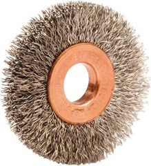 Weiler - 1-1/2" OD, 3/8" Arbor Hole, Crimped Stainless Steel Wheel Brush - 1/4" Face Width, 7/16" Trim Length, 0.008" Filament Diam, 20,000 RPM - USA Tool & Supply