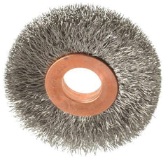 Weiler - 2" OD, 1/2" Arbor Hole, Crimped Stainless Steel Wheel Brush - 3/8" Face Width, 1/2" Trim Length, 0.008" Filament Diam, 20,000 RPM - USA Tool & Supply