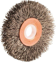 Weiler - 2" OD, 1/2" Arbor Hole, Crimped Stainless Steel Wheel Brush - 3/8" Face Width, 1/2" Trim Length, 0.014" Filament Diam, 20,000 RPM - USA Tool & Supply
