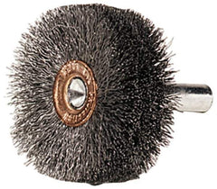 Weiler - 1-1/2" OD, 1/4" Shank Diam, Crimped Steel Wheel Brush - 1/2" Face Width, 1/2" Trim Length, 0.006" Filament Diam, 20,000 RPM - USA Tool & Supply
