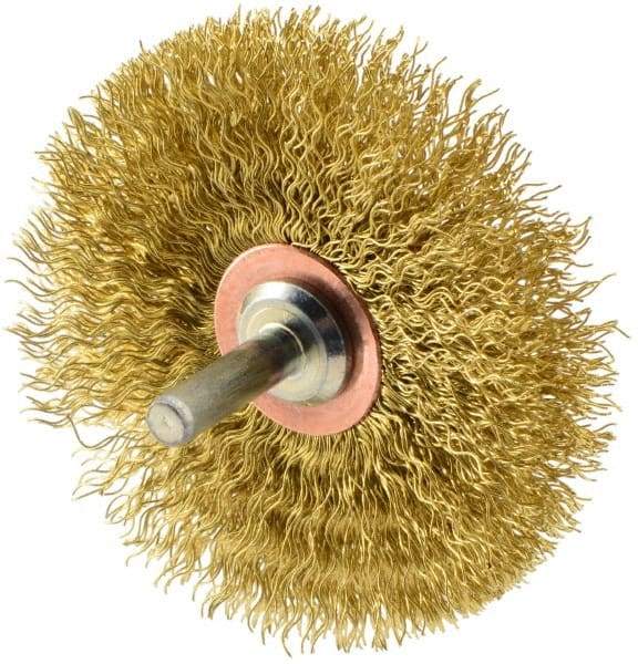 Weiler - 3" OD, 1/4" Shank Diam, Crimped Brass Wheel Brush - 1/2" Face Width, 1" Trim Length, 0.0118" Filament Diam, 20,000 RPM - USA Tool & Supply