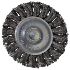 Weiler - 3-1/4" OD, 1/4" Shank Diam, Knotted Steel Wheel Brush - 3/8" Face Width, 5/8" Trim Length, 0.014" Filament Diam, 25,000 RPM - USA Tool & Supply