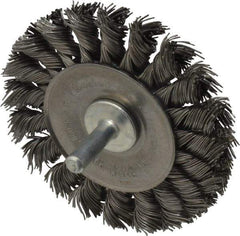 Weiler - 3-1/4" OD, 1/4" Shank Diam, Knotted Steel Wheel Brush - 3/8" Face Width, 5/8" Trim Length, 0.02" Filament Diam, 25,000 RPM - USA Tool & Supply