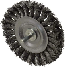 Weiler - 4" OD, 1/4" Shank Diam, Knotted Steel Wheel Brush - 1/2" Face Width, 7/8" Trim Length, 0.014" Filament Diam, 20,000 RPM - USA Tool & Supply