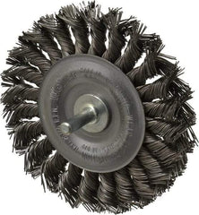Weiler - 4" OD, 1/4" Shank Diam, Knotted Steel Wheel Brush - 1/2" Face Width, 7/8" Trim Length, 0.02" Filament Diam, 20,000 RPM - USA Tool & Supply