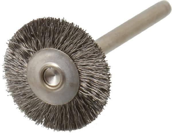 Weiler - 3/4" OD, 1/8" Shank Diam, Crimped Stainless Steel Wheel Brush - 3/16" Trim Length, 0.005" Filament Diam, 37,000 RPM - USA Tool & Supply