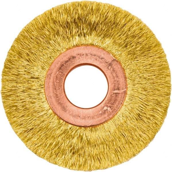 Weiler - 2" OD, 1/2" Arbor Hole, Crimped Brass Wheel Brush - 3/8" Face Width, 1/2" Trim Length, 0.005" Filament Diam, 20,000 RPM - USA Tool & Supply