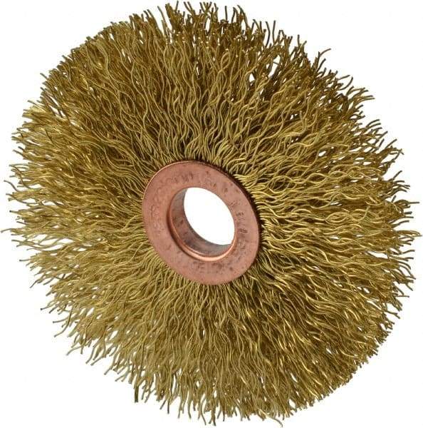 Weiler - 3" OD, 1/2" Arbor Hole, Crimped Brass Wheel Brush - 5/8" Face Width, 1" Trim Length, 0.014" Filament Diam, 20,000 RPM - USA Tool & Supply