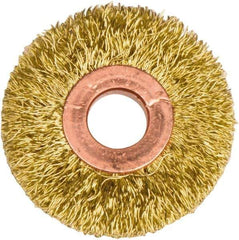 Weiler - 2" OD, 1/2" Arbor Hole, Crimped Brass Wheel Brush - 3/8" Face Width, 1/2" Trim Length, 0.0118" Filament Diam, 20,000 RPM - USA Tool & Supply