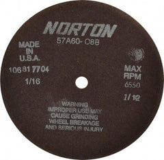 Norton - 7" 60 Grit Aluminum Oxide Cutoff Wheel - 1/16" Thick, 1/2" Arbor, 6,550 Max RPM, Use with Stationary Grinders - USA Tool & Supply