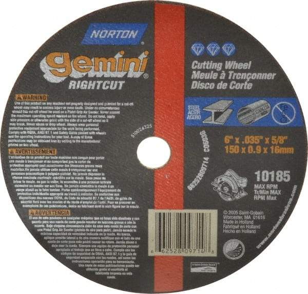 Norton - 6" 60 Grit Aluminum Oxide Cutoff Wheel - 0.035" Thick, 5/8" Arbor, 10,185 Max RPM, Use with Circular Saws - USA Tool & Supply