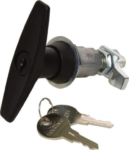 Made in USA - 4.03" Long x 3-1/4" Wide x 1.130" High, T-Handle Latch with Lock - Die Cast Zinc, with Black Powder Coat Finish - USA Tool & Supply