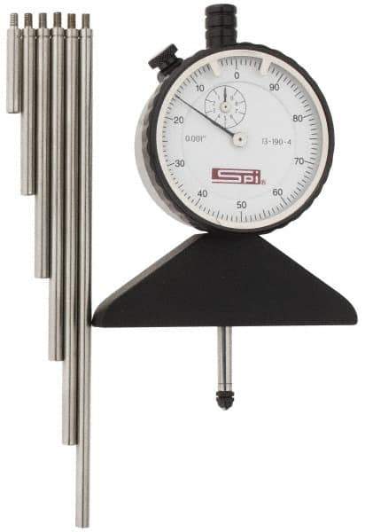 SPI - 0 to 22 Inch Range, Steel, White Dial Depth Gage - 0.001 Inch Graduation, 0.001 Inch Accuracy, 1 Inch Travel, 3.2 Inch Base Measuring Length - USA Tool & Supply
