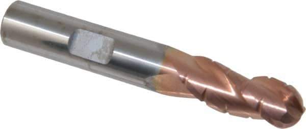 ProMax - 3/8" Diam, 7/8" LOC, 3 Flute Solid Carbide Roughing & Finishing Ball End Mill - TiCN Finish, 2-1/2" OAL, 3/8" Shank Diam, Weldon Shank, 35° Helix, Centercutting - USA Tool & Supply