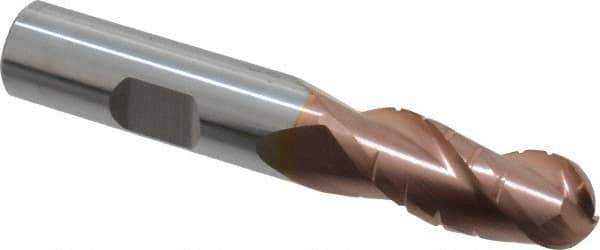 ProMax - 1/2" Diam, 1-1/4" LOC, 3 Flute Solid Carbide Roughing & Finishing Ball End Mill - TiCN Finish, 3" OAL, 1/2" Shank Diam, Weldon Shank, 35° Helix, Centercutting - USA Tool & Supply