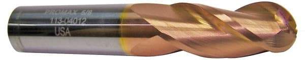 ProMax - 5/8" Diam, 1-1/4" LOC, 3 Flute Solid Carbide Ball End Mill - TiCN Finish, Single End, 3-1/2" OAL, 5/8" Shank Diam, Spiral Flute - USA Tool & Supply
