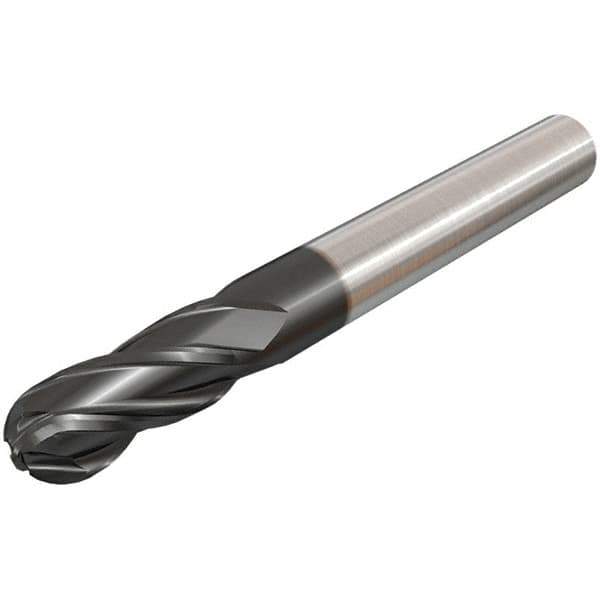 Iscar - 4mm Diam, 12mm LOC, 4 Flute Solid Carbide Ball End Mill - TiAlN Finish, Single End, 80mm OAL, 4mm Shank Diam, Spiral Flute - USA Tool & Supply
