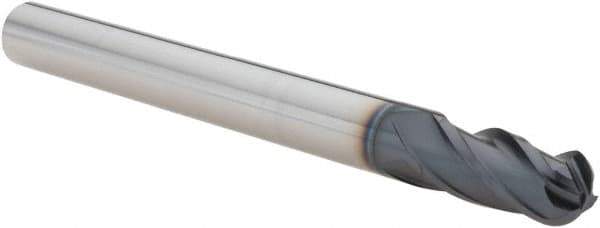 Iscar - 9mm Diam, 20mm LOC, 4 Flute Solid Carbide Ball End Mill - TiAlN Finish, Single End, 100mm OAL, 9mm Shank Diam, Spiral Flute - USA Tool & Supply