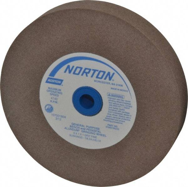 Norton - 100 Grit Aluminum Oxide Bench & Pedestal Grinding Wheel - 6" Diam x 1" Hole x 1" Thick, 4140 Max RPM, Fine Grade - USA Tool & Supply