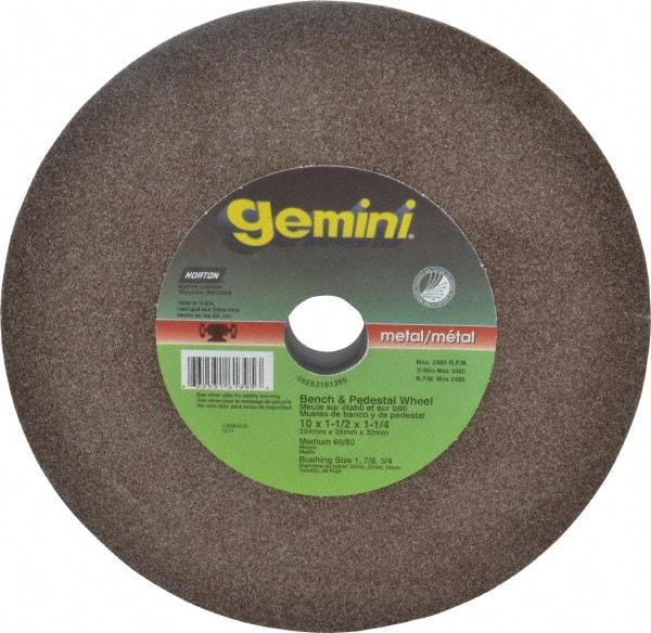 Norton - 60 Grit Aluminum Oxide Bench & Pedestal Grinding Wheel - 10" Diam x 1-1/4" Hole x 1-1/2" Thick, 2485 Max RPM, Medium Grade - USA Tool & Supply