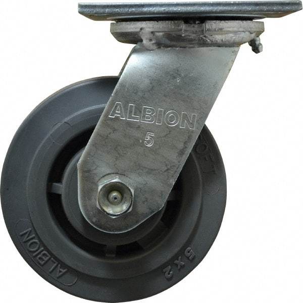 Albion - 5" Diam x 2" Wide x 6-1/2" OAH Top Plate Mount Swivel Caster - Soft Rubber, 350 Lb Capacity, Roller Bearing, 4 x 4-1/2" Plate - USA Tool & Supply