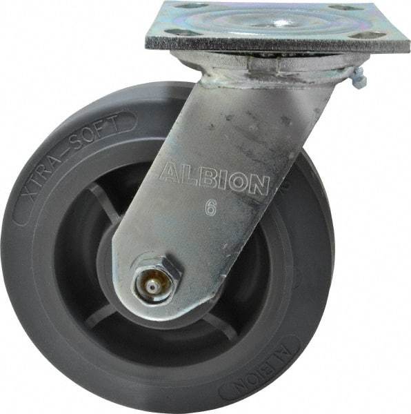 Albion - 6" Diam x 2" Wide x 7-1/4" OAH Top Plate Mount Swivel Caster - Soft Rubber, 600 Lb Capacity, Roller Bearing, 4 x 4-1/2" Plate - USA Tool & Supply