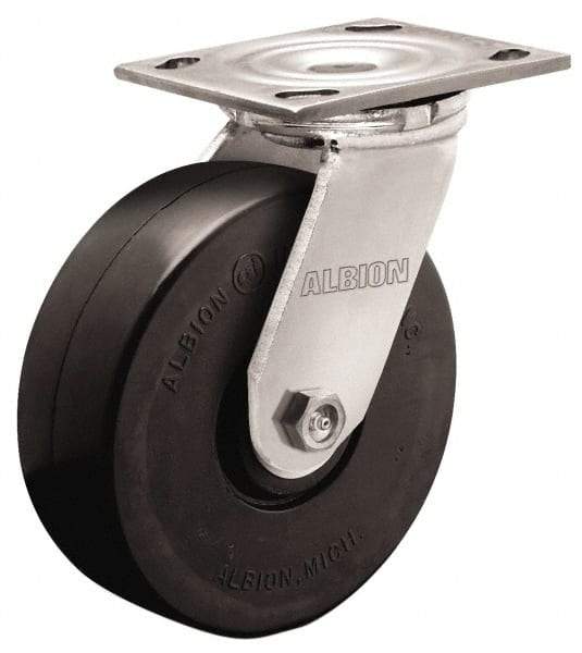 Albion - 8" Diam x 2" Wide x 9-1/2" OAH Top Plate Mount Swivel Caster - Rubber, 500 Lb Capacity, Roller Bearing, 4 x 4-1/2" Plate - USA Tool & Supply