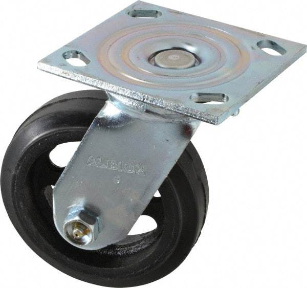 Albion - 5" Diam x 1-1/2" Wide x 6-1/2" OAH Top Plate Mount Swivel Caster - Rubber, 300 Lb Capacity, Roller Bearing, 4 x 4-1/2" Plate - USA Tool & Supply