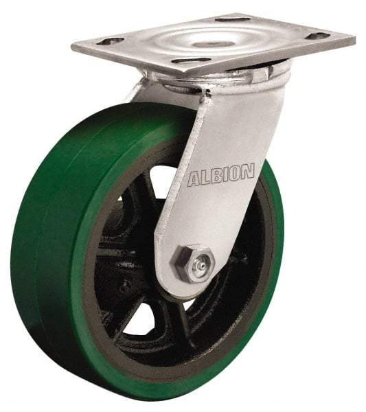 Albion - 4" Diam x 2" Wide x 5-5/8" OAH Top Plate Mount Swivel Caster - Polyurethane, 700 Lb Capacity, Roller Bearing, 4 x 4-1/2" Plate - USA Tool & Supply