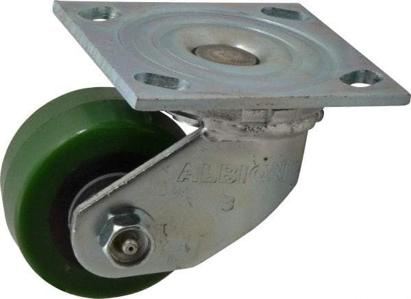 Albion - 3-1/4" Diam x 1-5/8" Wide x 4-1/4" OAH Top Plate Mount Swivel Caster - Polyurethane, 420 Lb Capacity, Roller Bearing, 4 x 4-1/2" Plate - USA Tool & Supply
