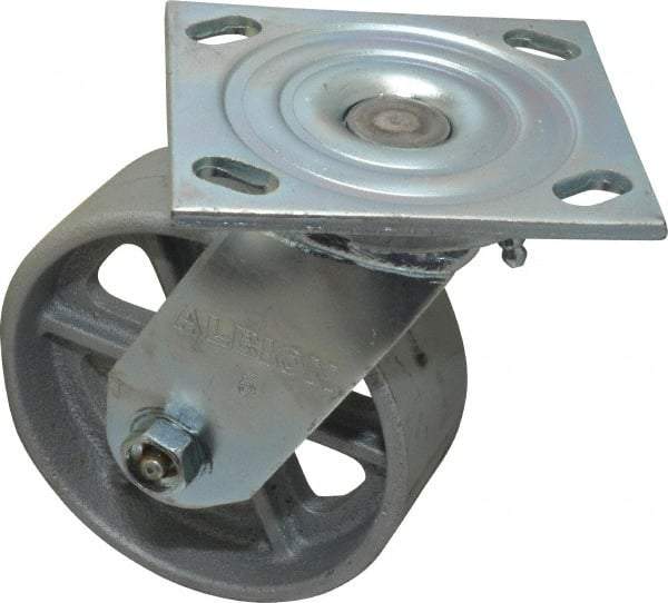 Albion - 5" Diam x 2" Wide x 6-1/2" OAH Top Plate Mount Swivel Caster - Cast Iron, 1,000 Lb Capacity, Roller Bearing, 4 x 4-1/2" Plate - USA Tool & Supply