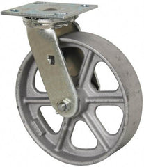 Albion - 8" Diam x 2" Wide x 9-1/2" OAH Top Plate Mount Swivel Caster - Cast Iron, 1,250 Lb Capacity, Roller Bearing, 4 x 4-1/2" Plate - USA Tool & Supply