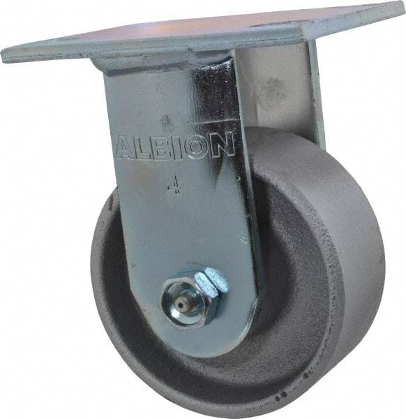 Albion - 4" Diam x 2" Wide x 5-5/8" OAH Top Plate Mount Rigid Caster - Cast Iron, 700 Lb Capacity, Roller Bearing, 4 x 4-1/2" Plate - USA Tool & Supply