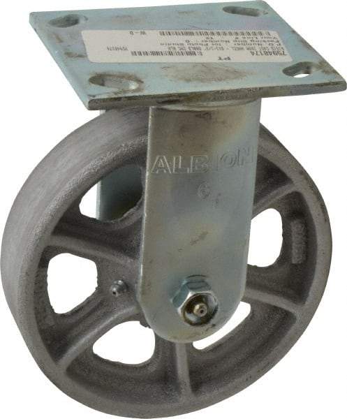 Albion - 6" Diam x 1-1/2" Wide x 7-1/4" OAH Top Plate Mount Rigid Caster - Cast Iron, 800 Lb Capacity, Roller Bearing, 4 x 4-1/2" Plate - USA Tool & Supply