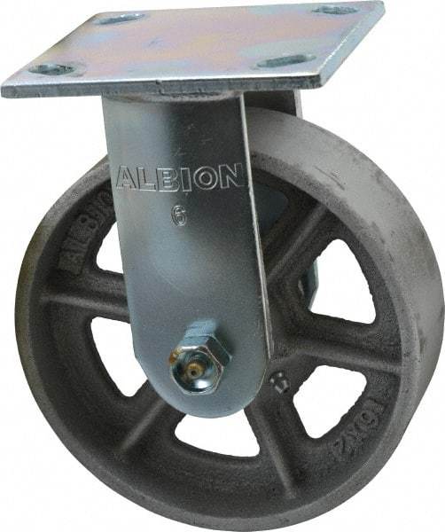 Albion - 6" Diam x 2" Wide x 7-1/4" OAH Top Plate Mount Rigid Caster - Cast Iron, 900 Lb Capacity, Roller Bearing, 4 x 4-1/2" Plate - USA Tool & Supply