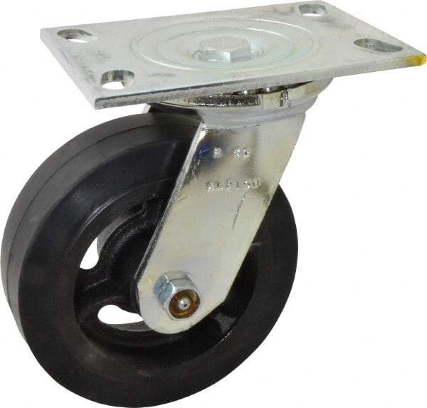 Albion - 6" Diam x 2" Wide x 7-1/2" OAH Top Plate Mount Swivel Caster - Rubber, 410 Lb Capacity, Roller Bearing, 4-1/2 x 6-1/4" Plate - USA Tool & Supply