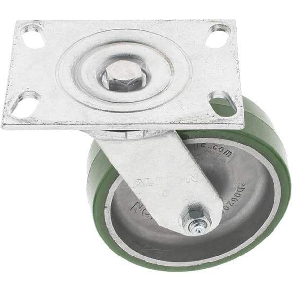 Albion - 6" Diam x 2" Wide x 7-1/2" OAH Top Plate Mount Swivel Caster - Polyurethane, 1,500 Lb Capacity, Roller Bearing, 4-1/2 x 6-1/4" Plate - USA Tool & Supply
