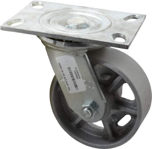 Albion - 5" Diam x 2" Wide x 6-1/2" OAH Top Plate Mount Swivel Caster - Cast Iron, 1,000 Lb Capacity, Roller Bearing, 4-1/2 x 6-1/4" Plate - USA Tool & Supply