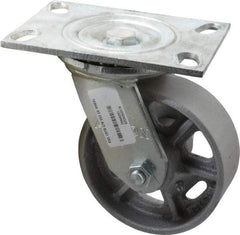 Albion - 5" Diam x 2" Wide x 6-1/2" OAH Top Plate Mount Swivel Caster - Cast Iron, 1,000 Lb Capacity, Roller Bearing, 4-1/2 x 6-1/4" Plate - USA Tool & Supply