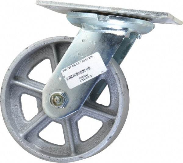 Albion - 6" Diam x 2" Wide x 7-1/2" OAH Top Plate Mount Swivel Caster - Cast Iron, 1,200 Lb Capacity, Roller Bearing, 4-1/2 x 6-1/4" Plate - USA Tool & Supply