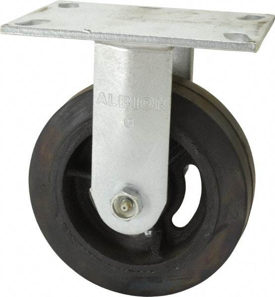 Albion - 6" Diam x 2" Wide x 7-1/2" OAH Top Plate Mount Rigid Caster - Rubber, 1,400 Lb Capacity, Roller Bearing, 4-1/2 x 6-1/4" Plate - USA Tool & Supply