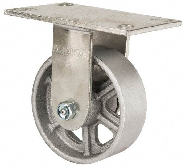 Albion - 5" Diam x 2" Wide x 6-1/2" OAH Top Plate Mount Rigid Caster - Cast Iron, 1,400 Lb Capacity, Roller Bearing, 4-1/2 x 6-1/4" Plate - USA Tool & Supply