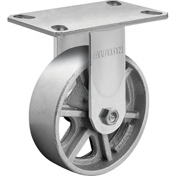 Albion - 8" Diam x 2" Wide x 10-1/8" OAH Top Plate Mount Rigid Caster - Cast Iron, 1,400 Lb Capacity, Roller Bearing, 4-1/2 x 6-1/4" Plate - USA Tool & Supply