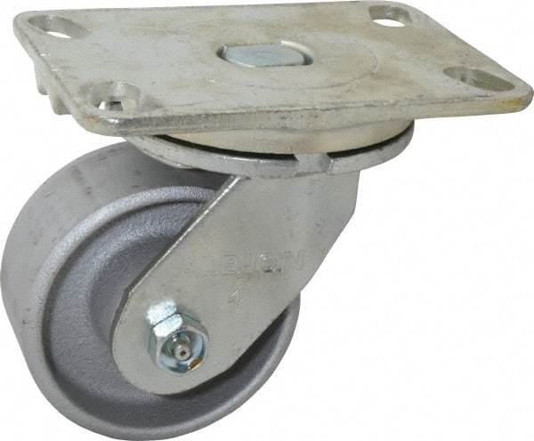 Albion - 4" Diam x 2" Wide x 5-5/8" OAH Top Plate Mount Swivel Caster - Cast Iron, 700 Lb Capacity, Roller Bearing, 4-1/2 x 6-1/4" Plate - USA Tool & Supply