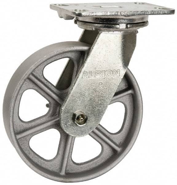 Albion - 8" Diam x 2" Wide x 10-1/8" OAH Top Plate Mount Swivel Caster - Cast Iron, 1,400 Lb Capacity, Roller Bearing, 4-1/2 x 6-1/4" Plate - USA Tool & Supply